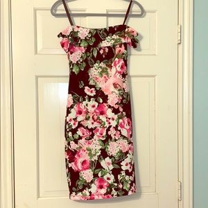 Off-shoulder black flower print dress